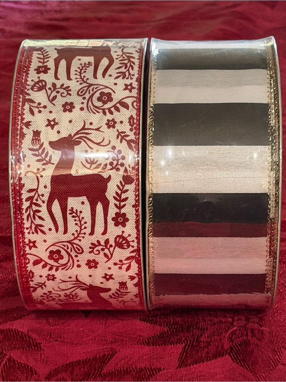 Holiday Ribbon Set - Red Reindeer & Black/White Stripes
